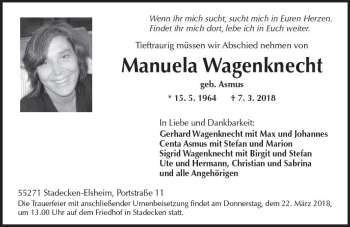 Traueranzeige von Manuela Wagenknecht von Trauerportal Rhein Main Presse