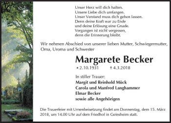 Traueranzeige von Margarete Becker von Trauerportal Rhein Main Presse