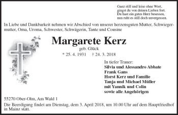 Traueranzeige von Margarete Kerz von Trauerportal Rhein Main Presse