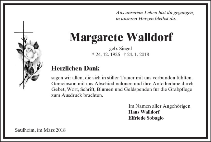  Traueranzeige für Margarete Walldorf vom 02.03.2018 aus Trauerportal Rhein Main Presse