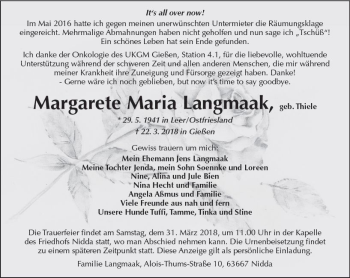Traueranzeige von Margarete Maria Langmaak von  Kreisanzeiger