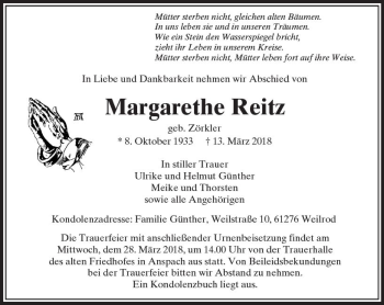 Traueranzeige von Margarethe Reitz von  Usinger Anzeiger