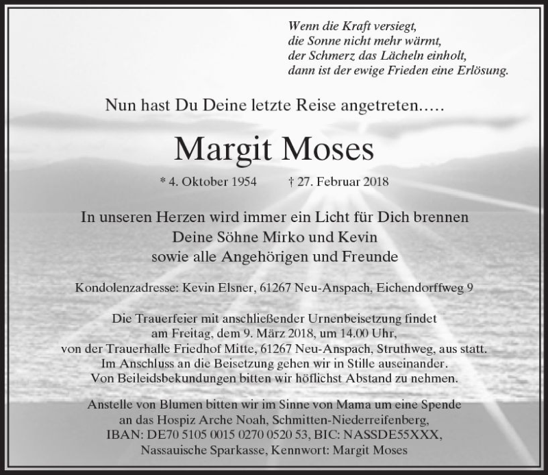  Traueranzeige für Margit Moses vom 06.03.2018 aus  Usinger Anzeiger