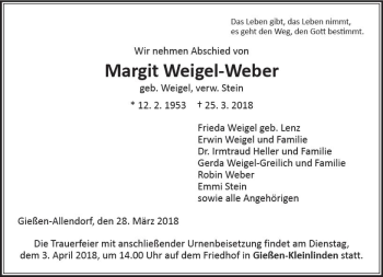 Traueranzeige von Margit Weigel-Weber von  Gießener Anzeiger