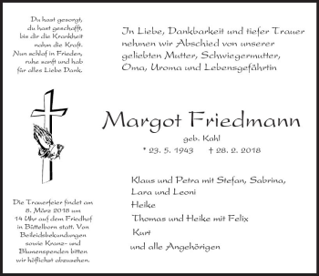 Traueranzeige von Margot Friedmann von Trauerportal Rhein Main Presse