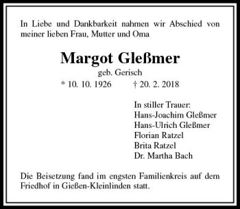 Traueranzeige von Margot Gleßmer von  Gießener Anzeiger