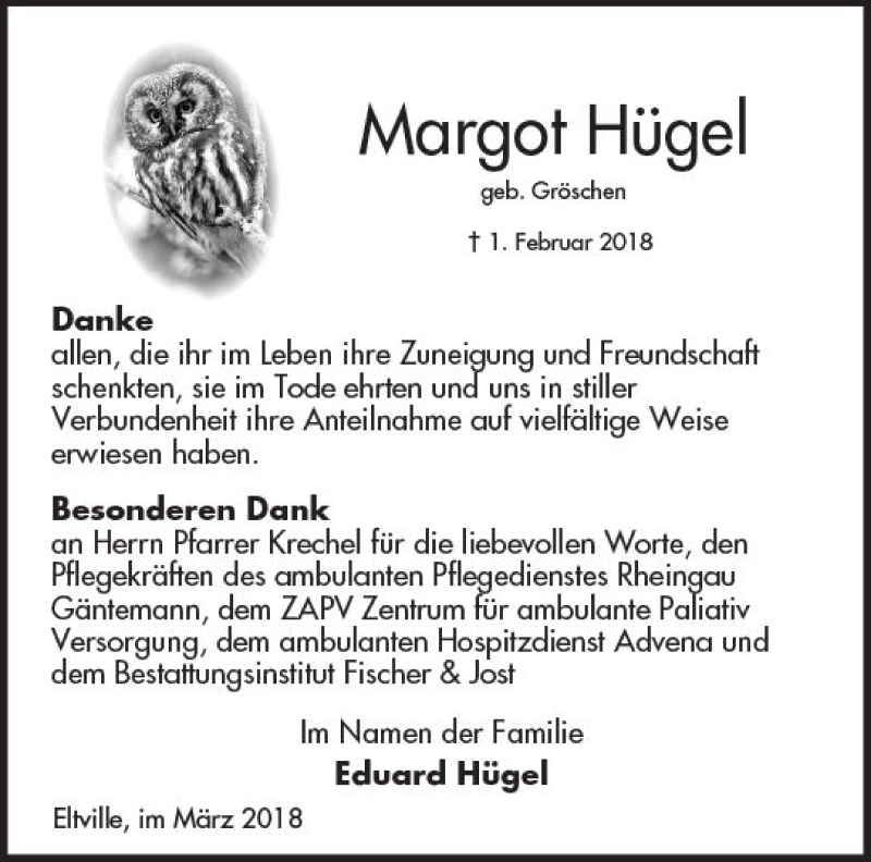  Traueranzeige für Margot Hügel vom 17.03.2018 aus Trauerportal Rhein Main Presse