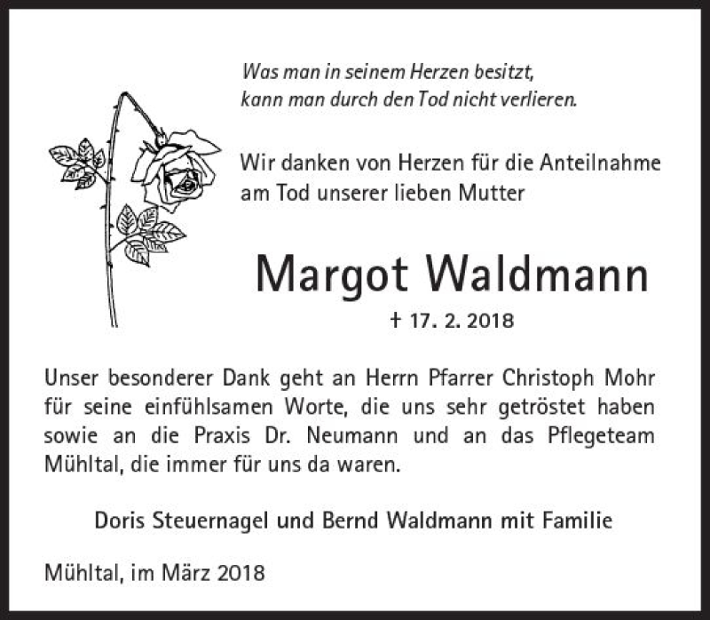  Traueranzeige für Margot Waldmann vom 17.03.2018 aus Trauerportal Rhein Main Presse