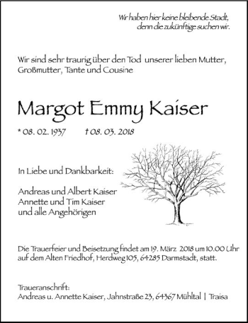 Traueranzeige von Margot Emmy Kaiser von Trauerportal Rhein Main Presse