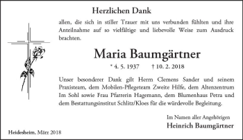 Traueranzeige von Maria Baumgärtner von Trauerportal Rhein Main Presse