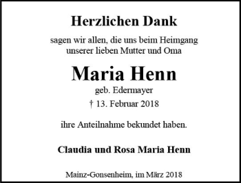 Traueranzeige von Maria Henn von Trauerportal Rhein Main Presse