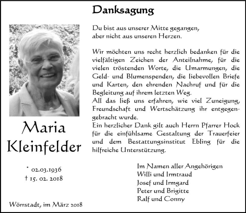  Traueranzeige für Maria Kleinfelder vom 31.03.2018 aus Trauerportal Rhein Main Presse