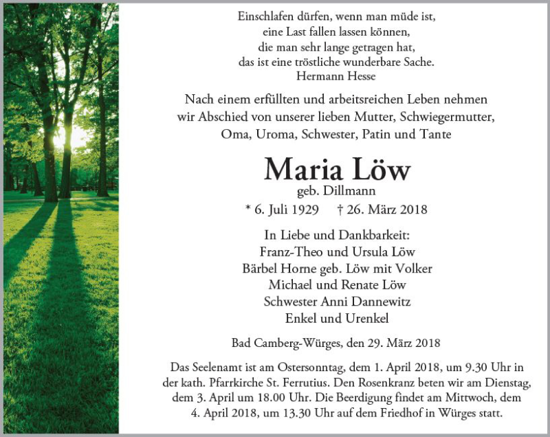  Traueranzeige für Maria Löw vom 29.03.2018 aus  Camberger Anzeiger