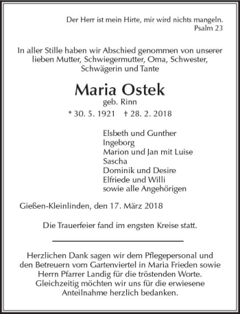 Traueranzeige von Maria Ostek von  Gießener Anzeiger