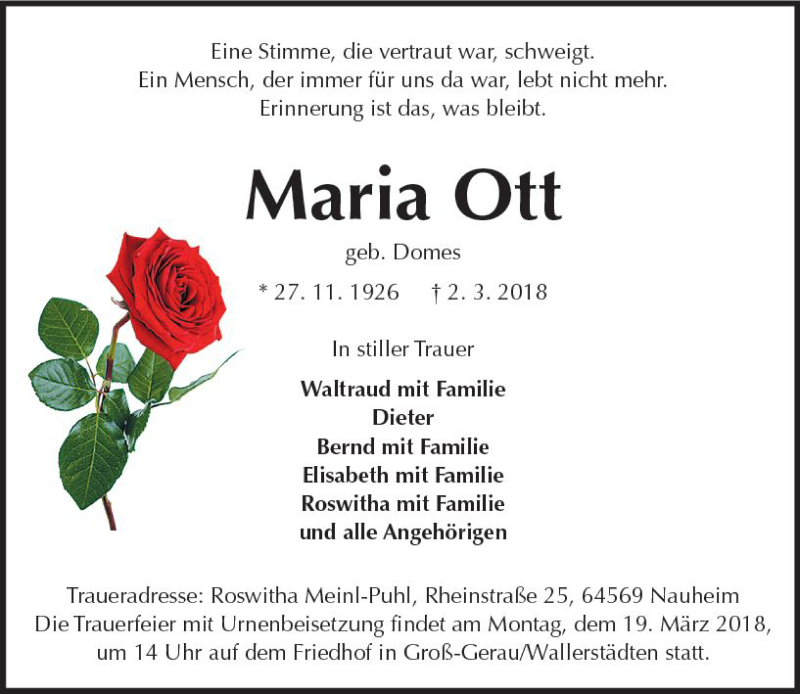  Traueranzeige für Maria Ott vom 17.03.2018 aus Trauerportal Rhein Main Presse