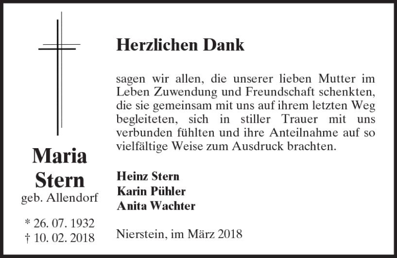  Traueranzeige für Maria Stern vom 23.03.2018 aus Trauerportal Rhein Main Presse