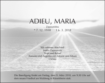 Traueranzeige von Maria Zapounidis von Trauerportal Rhein Main Presse