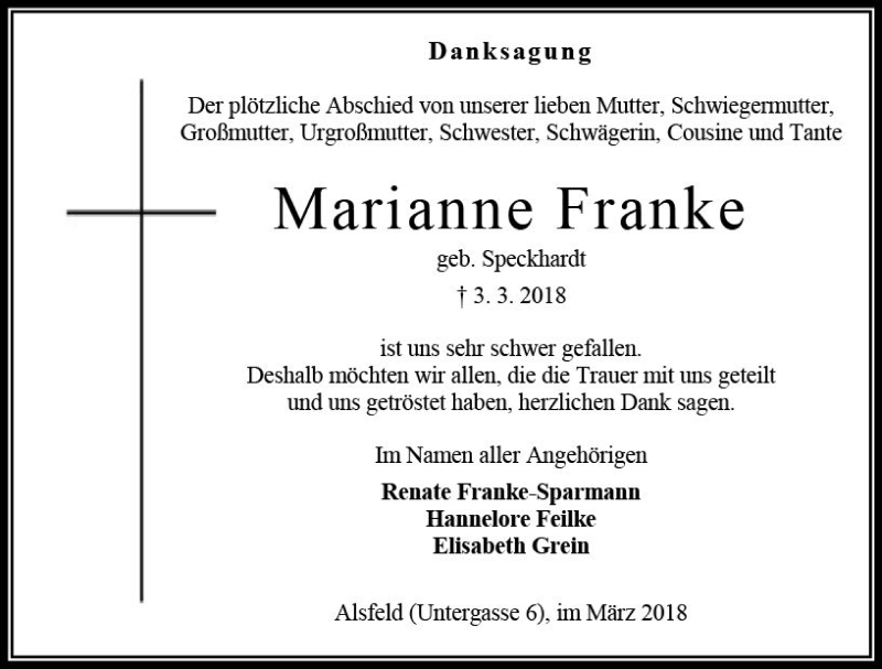  Traueranzeige für Marianne Franke vom 24.03.2018 aus VRM Trauer
