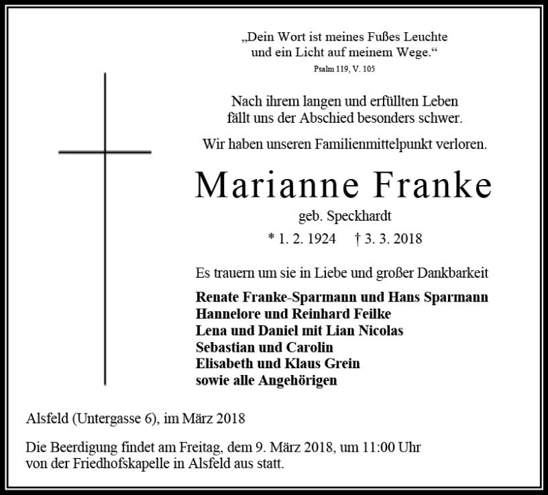 Traueranzeige für Marianne Franke vom 06.03.2018 aus VRM Trauer