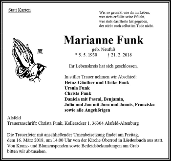 Traueranzeige von Marianne Funk von VRM Trauer