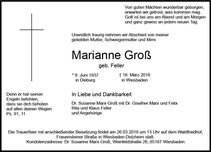  Traueranzeige für Marianne Groß vom 24.03.2018 aus Trauerportal Rhein Main Presse