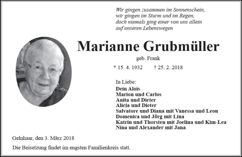  Traueranzeige für Marianne Grubmüller vom 03.03.2018 aus  Kreisanzeiger