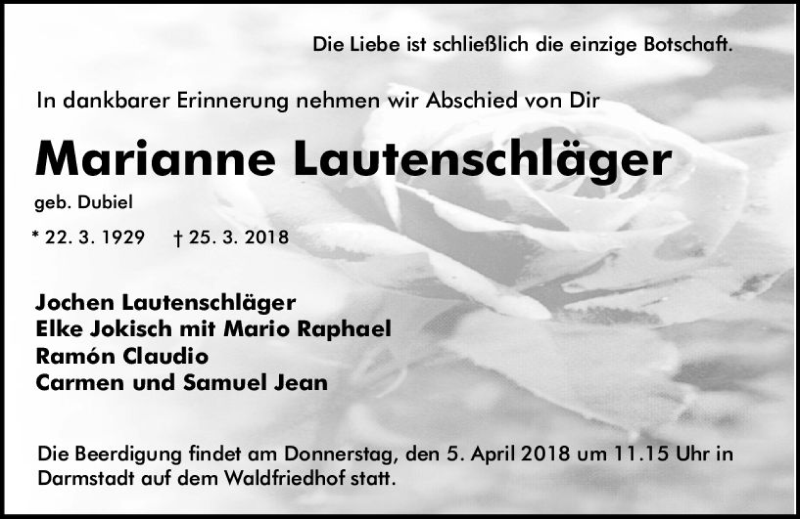  Traueranzeige für Marianne Lautenschläger vom 31.03.2018 aus Trauerportal Rhein Main Presse
