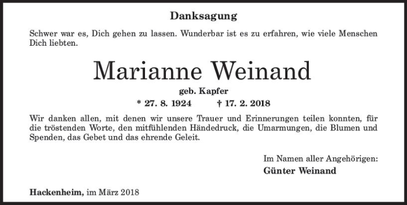  Traueranzeige für Marianne Weinand vom 17.03.2018 aus Trauerportal Rhein Main Presse