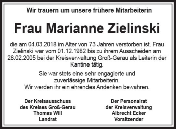 Traueranzeige von Marianne Zielinski von Trauerportal Rhein Main Presse