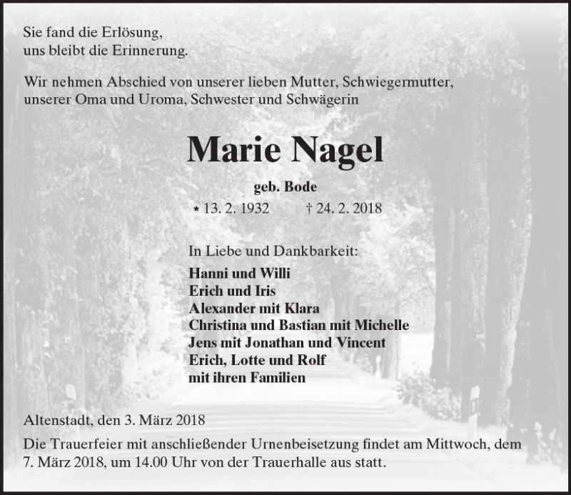  Traueranzeige für Marie Nagel vom 03.03.2018 aus  Kreisanzeiger