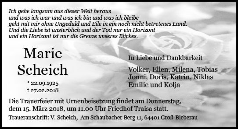  Traueranzeige für Marie Scheich vom 12.03.2018 aus Trauerportal Rhein Main Presse