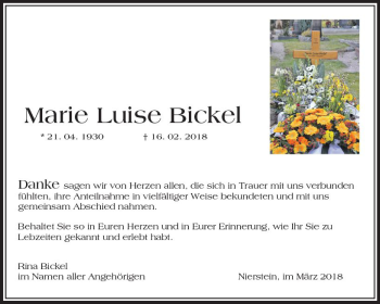 Traueranzeige von Marie Luise Bickel von Trauerportal Rhein Main Presse