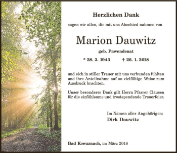 Traueranzeige von Marion Dauwitz von Trauerportal Rhein Main Presse