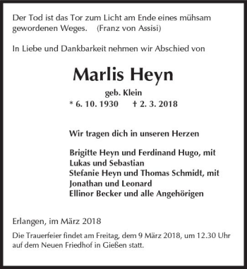 Traueranzeige von Marlis Heyn von  Gießener Anzeiger