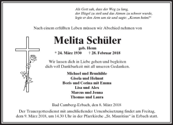 Traueranzeige von Melita Schüler von  Camberger Anzeiger