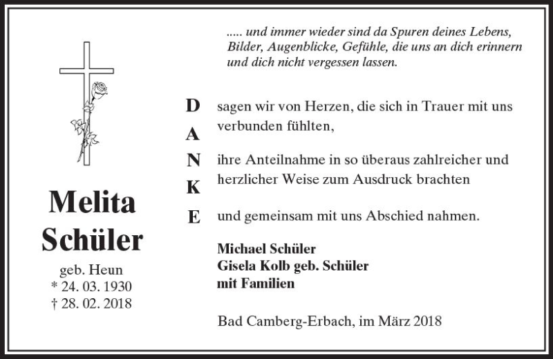  Traueranzeige für Melita Schüler vom 22.03.2018 aus  Camberger Anzeiger
