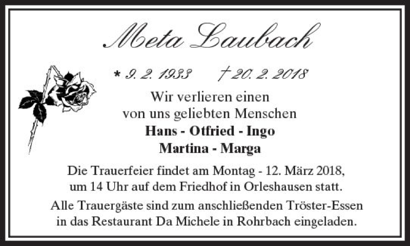  Traueranzeige für Meta Laubach vom 08.03.2018 aus  Kreisanzeiger