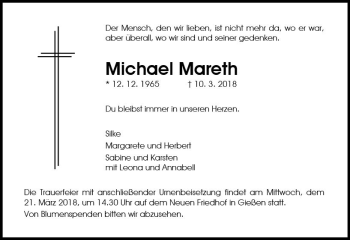 Traueranzeige von Michael Mareth von  Gießener Anzeiger