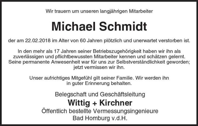  Traueranzeige für Michael Schmidt vom 06.03.2018 aus  Usinger Anzeiger