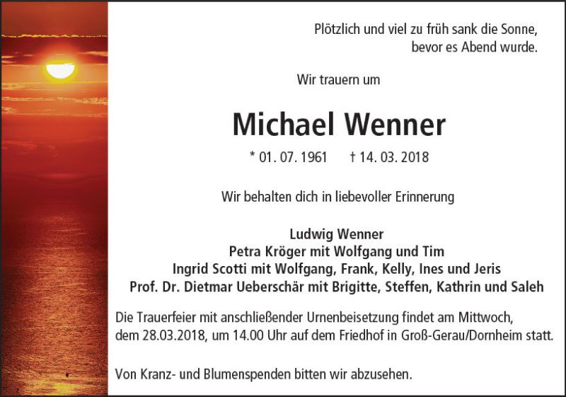  Traueranzeige für Michael Wenner vom 24.03.2018 aus Trauerportal Rhein Main Presse