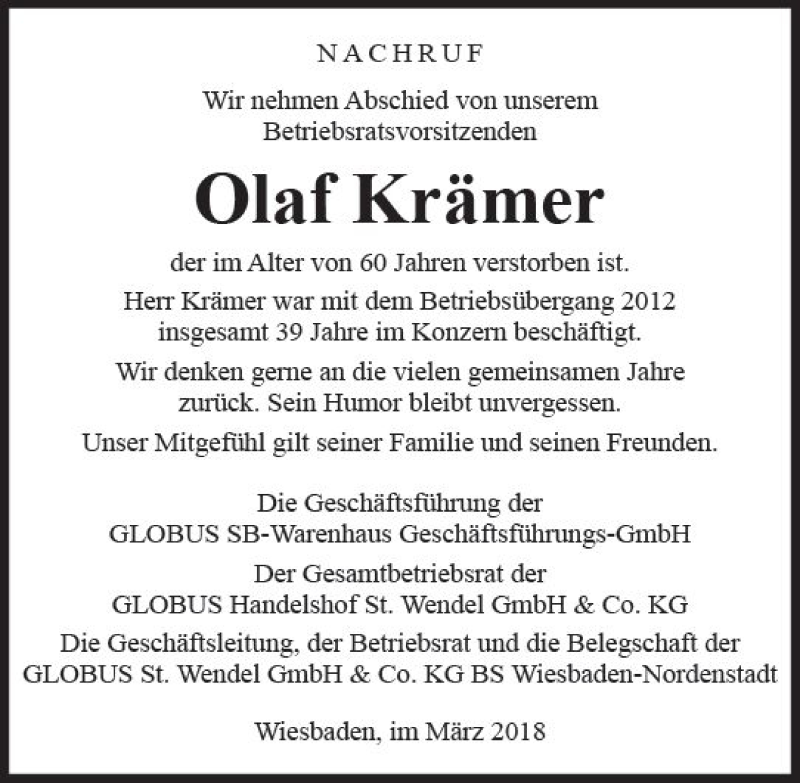  Traueranzeige für Olaf Krämer vom 21.03.2018 aus Trauerportal Rhein Main Presse