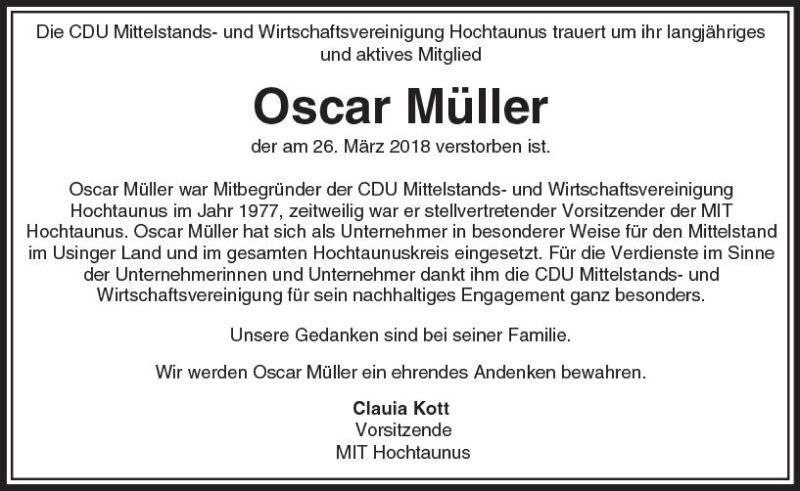  Traueranzeige für Oscar Müller vom 31.03.2018 aus  Usinger Anzeiger