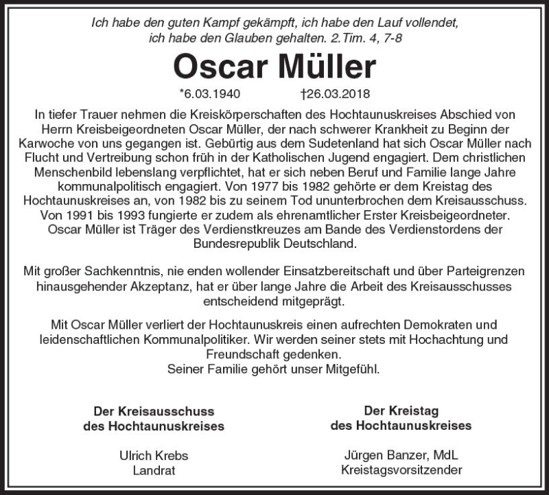  Traueranzeige für Oscar Müller vom 31.03.2018 aus  Usinger Anzeiger