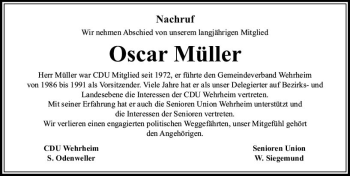 Traueranzeige von Oscar Müller von  Usinger Anzeiger