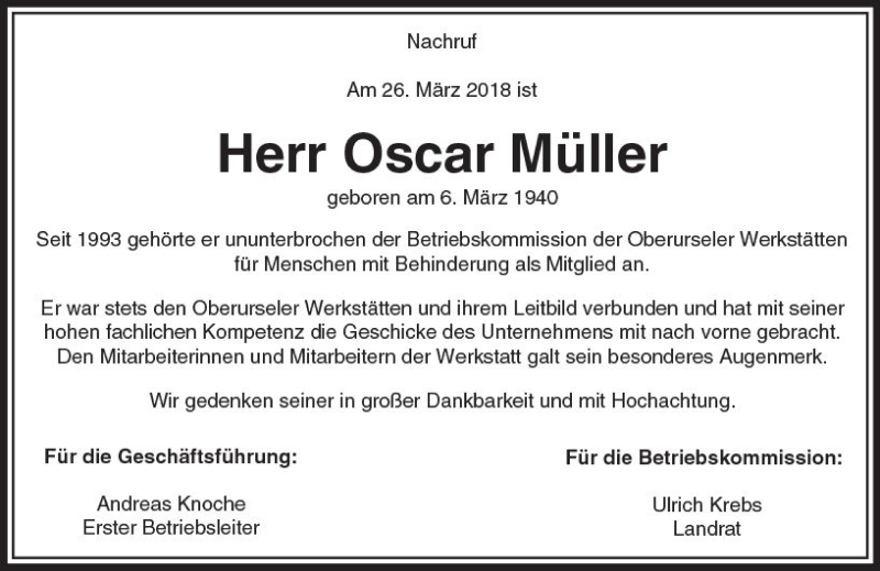  Traueranzeige für Oscar Müller vom 31.03.2018 aus  Usinger Anzeiger