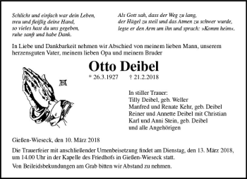 Traueranzeige von Otto Deibel von  Gießener Anzeiger