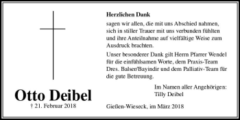 Traueranzeige von Otto Deibel von  Gießener Anzeiger