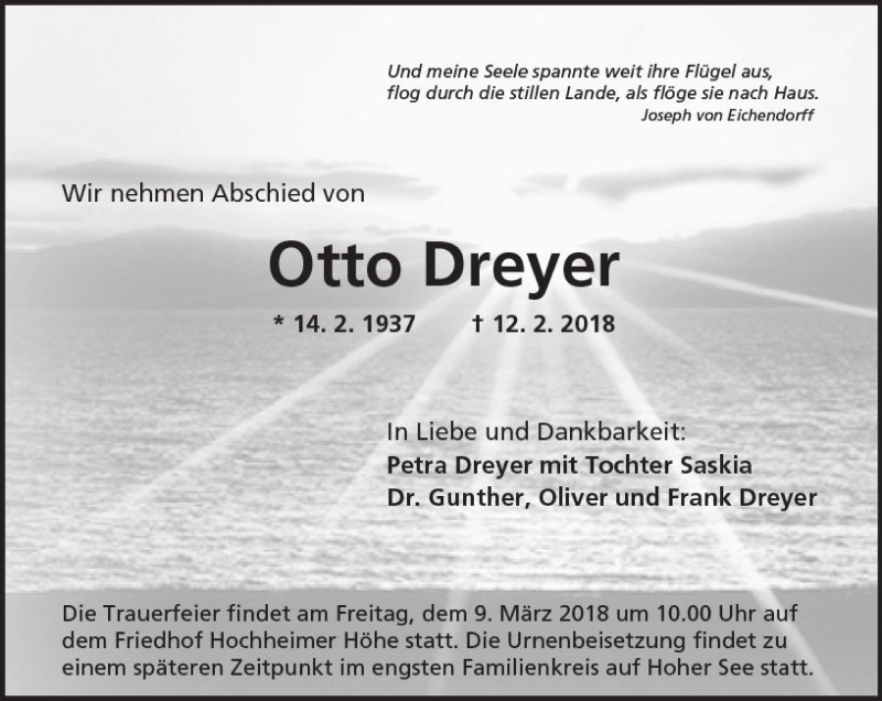  Traueranzeige für Otto Dreyer vom 03.03.2018 aus Trauerportal Rhein Main Presse