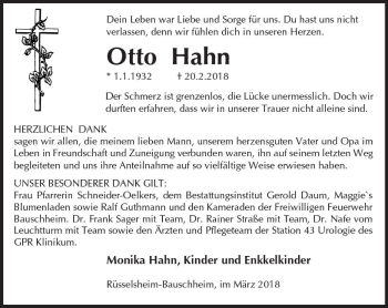 Traueranzeige von Otto Hahn von Trauerportal Rhein Main Presse