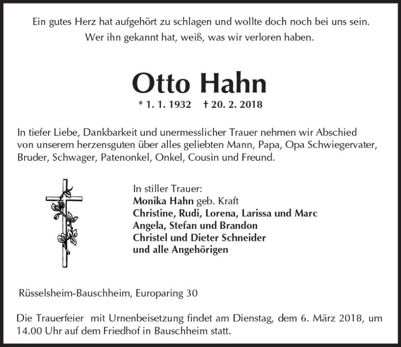  Traueranzeige für Otto Hahn vom 03.03.2018 aus Trauerportal Rhein Main Presse